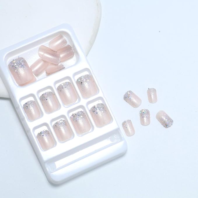 Glitter French Press on Nails Short Square Fake Nails Nude Designs False Nails Shiny French Full Cover Glossy Reusable Acrylic Stick on Nails for Women Girls Light Luxury Manicure Decoration 24Pcs