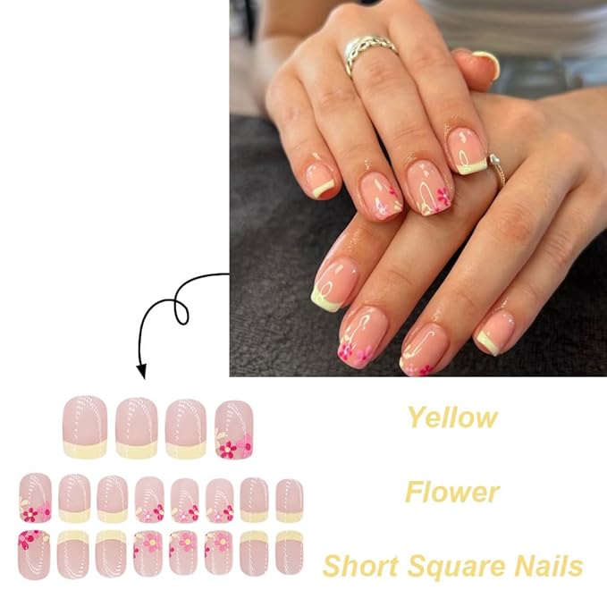 Press on Nails Square Short Fake Nails Press ons Yellow French Nail Tips Artificial Acrylic Kit Full Cover False Nails with Flowers Glossy Design Stick on Nails for Women 24Pcs
