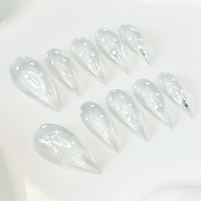 10 Pcs Handmade Press on Nails Curved Short Eagle Claw Fake Nails with Dot Designs Transparent Luxury Dragon Claw False Nails with Glue,Full Cover Acrylic Artificial Glue on Nail for Women(S)