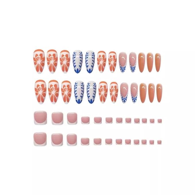 48Pcs Short Square Press on Toenails Medium Almond Press on Nails White French Tip Fake Nails with Blue Flower Design Glossy Orange Fruit False Nails Summer Toenails for Women Girls Manicure