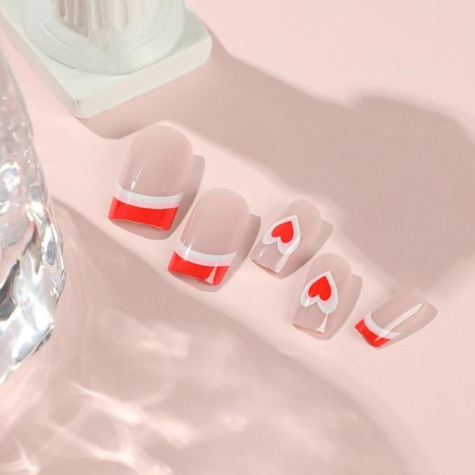 Square Press on Nails Medium - Pink French Tip with Heart Design - Gloosy Full Cover Stick on False Nails - for Women 24 Pcs