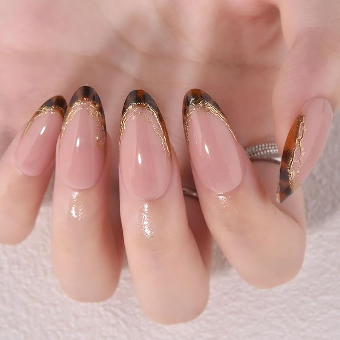 evpct Nude Glitter Press on Nails Short Almond with 3D Gold Line, Sexy French Tip Stick on Nail for Women, Reusable Full Cover Soft Gel Press on Fake Nail with Gold Line Design Perfectly Fit