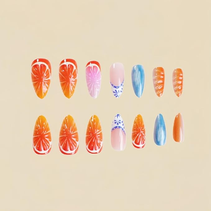 Summer Press on Nails Medium Almond Glue on Nails with Orange Fruit Design 3D Orange Seashell False Nails Ombre Blue White Stick on Nails Glossy Summer Fake Nails for Women Girls Manicure 24Pcs