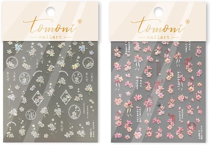 3D Spring Floral Nail Art Stickers, Pink and White Peach Pear Cherry Blossoms Design, Decorative Nail Decals (Delicate Flower)