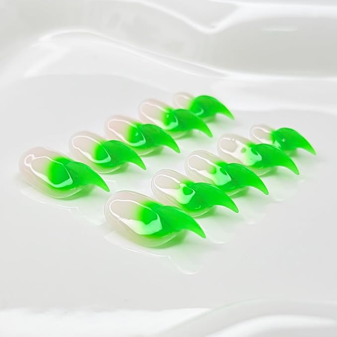10 Pcs Cat Claw Press on Nails Medium Curved Stiletto False Nails Luxury 3D Green French Tip Cat Claw Handmade Fake Nails Unique Thick Gradient Designs Glossy Acrylic Glue on Nail (S)