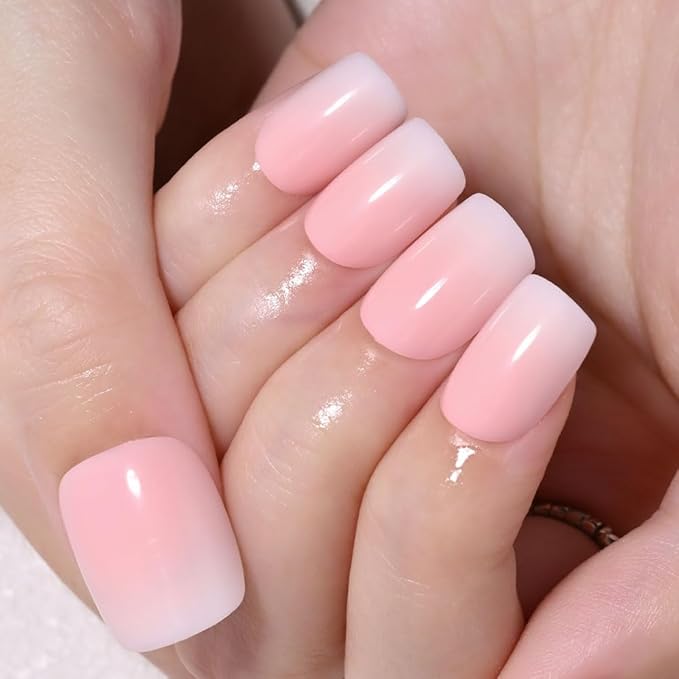 Pink White Ombre Press on Nails, Short Square Acrylic Fake Nails Design, Natural Reusable Nails Kit for Women DIY False Nail Art Decoration Gift, Salon Quality Reusable 15/30 Pcs