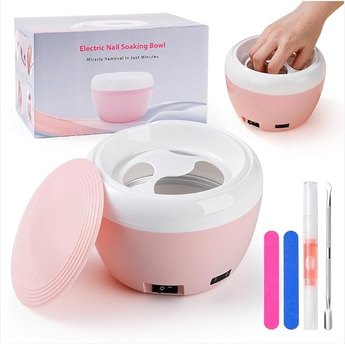 Electric Nail Soaking Bowl, Gel Nail Polish Remover Machine, Gel Heated Nail Remover Bowl Machine with Nail Files Cuticle Pusher for Home Salon