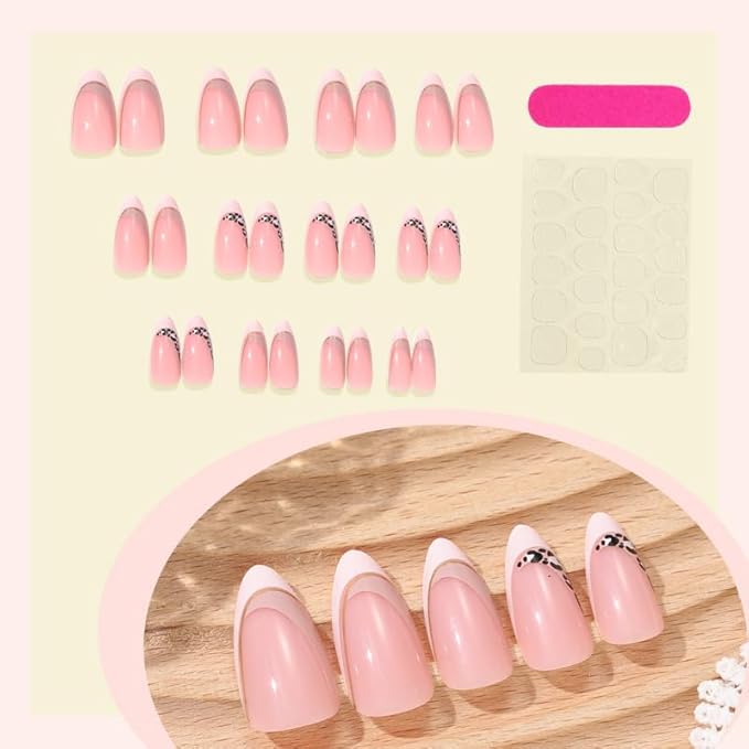 French Tip Press on Nails Medium Almond Fake Nails with Leopard Stripes Line Designs False Nails Nude Reusable Artificial Acrylic Nail Glossy Full Stick on Nails for Women Girls Manicure Deco