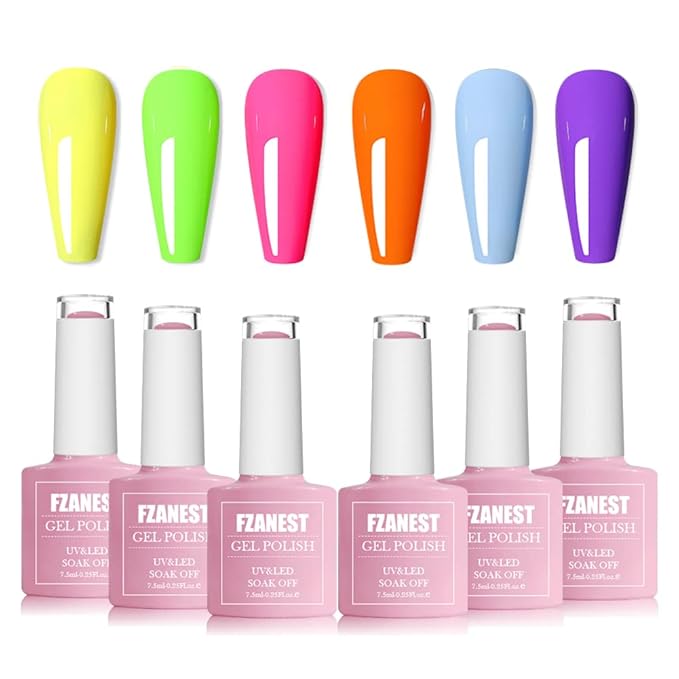 FZANEST Gel Nail Polish Set 6PCS Neon Yellow Green Hot Pink Blue Purple Gel Polish Kit