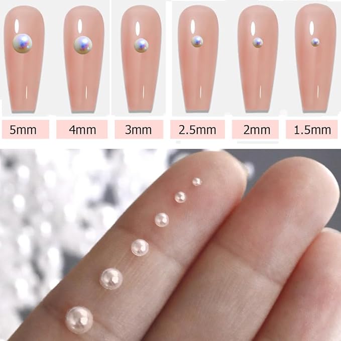 Flatback Pearls Nail Gems with Pickup Pencil and Tweezers, White & White AB Pearls Nail Charms Face gems, Half Round Pearls for Nail Art Face Makeup and Manicure Decor, Rhinestones for Nail