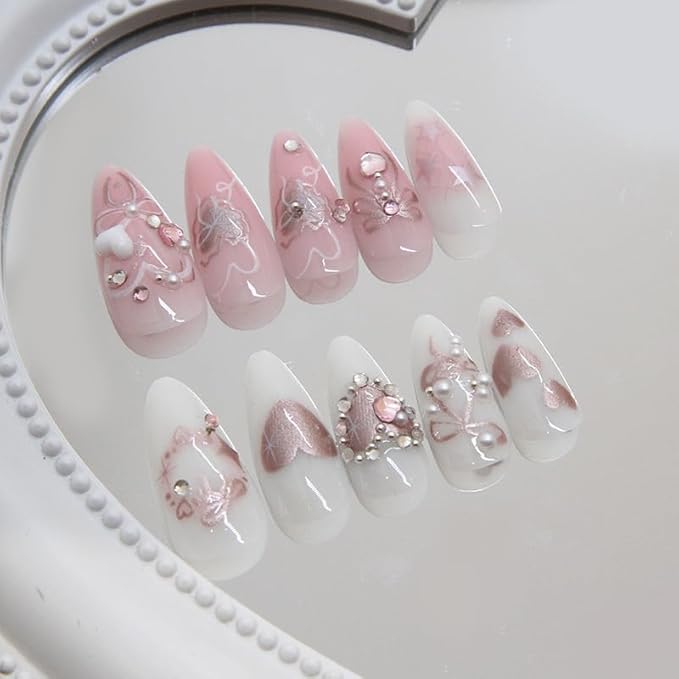 evpct 3D White Pink Handmade Press On Nails Almond Medium, 3D Crystal Heart Design Fake Nails Rusable for Spring & Summer Daily Wear, False Acrylic Nail with Kits Press ons Nail for Women Gift, 24Pcs