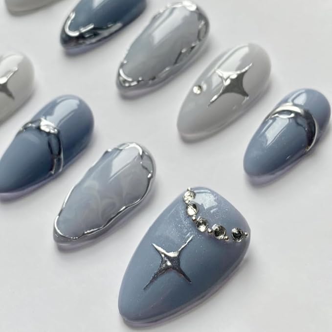 Press On Nails - Handmade 3D False Nails Short Medium Almond 10 Pcs Reusable ABS Material Finger Painting Nail Tip French Salon Design Artificial Fingernail for Women-M size