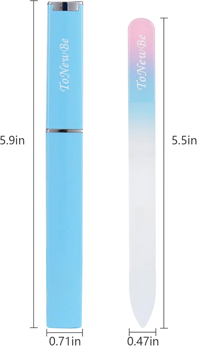 Glass Nail File in Case, Glass Fingernail File, Czech File, Double-Sided Etched Nail File for Nail Art & Nail Care, Christmas Gifts Stocking Stuffers (Pink-Blue)