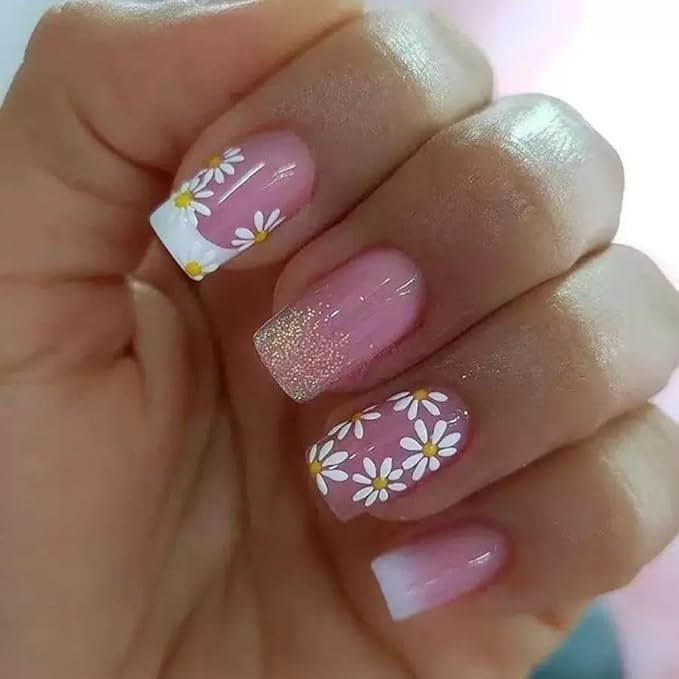 6 Packs (144 Pcs) Press on Nails Short Square Fake Nails Flower False Nails with Designs Spring Summer Floral Glue on Nails Full Cover Glossy Acrylic Stick on Nail for Women Manicure