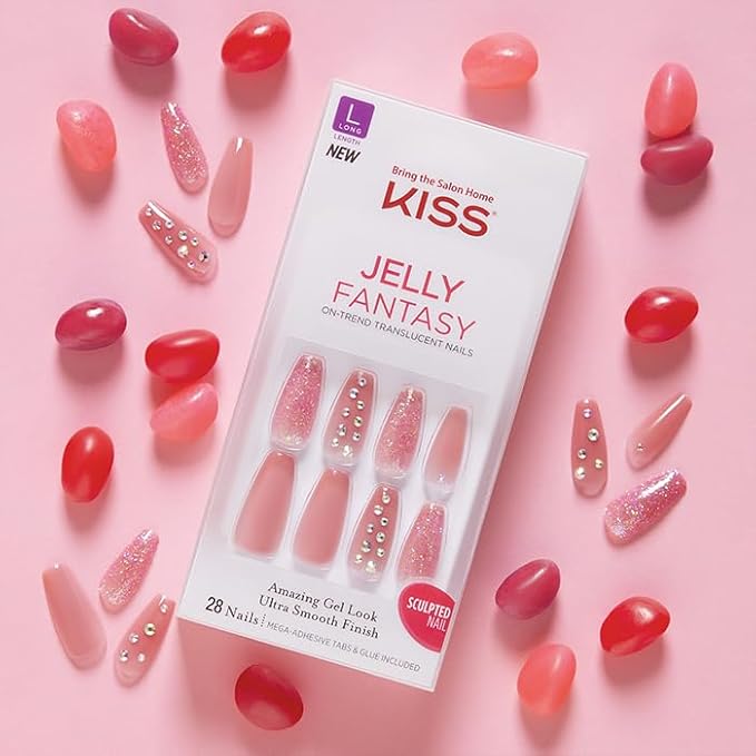 KISS Gel Fantasy Press On Nails, Nail glue included, 'Be Jelly', Pink, Long Size, Coffin Shape, Includes 28 Nails, 2g Glue, 1 Manicure Stick, 1 Mini File, 1 Adhesive Tab