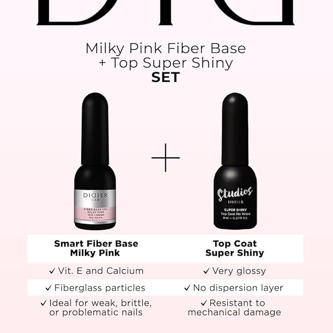 DIDIER LAB Premium Fiber Base and Top Coat Gel Nail Polish - Milky Pink Base Coat Nail Polish and Long Lasting No Wipe Top Coat Clear - LED UV Nails Polish Soak Off Gel Polish Kit 2pcs
