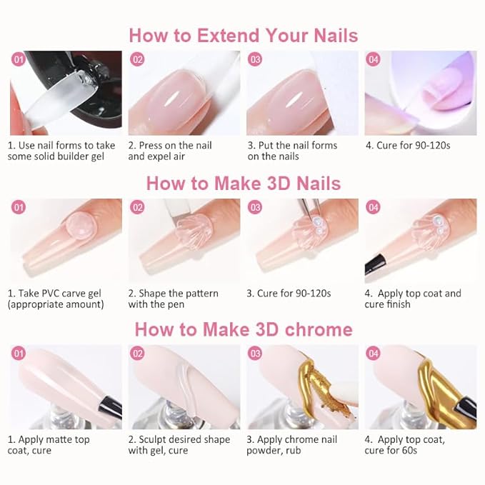 Solid Builder Gel and Chrome Nail Powder Kit BISHENGYF: 60g 4 In 1 No Wipe 3d Sculpting Nail Gel Aurora Pink White Pearl Chrome Nail Powder Clear Non-Sticky Hand Extension Glue for Nail Decoration