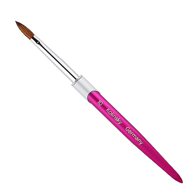 100% Pure Kolinsky Acrylic Nail Brush Size 10, Hair Acrylic Crystal Hot Red Pink with Silver Ferrule Round Shaped for Women Girls Manicure Tools Accessories
