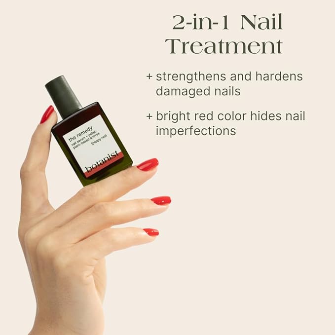 Botanist Nail Rescue Kit | Nail Strengthening Polish + Growth Serum | Grow and Strengthen Nails Damaged from Acrylics, Dip, and Gel Manicures | Non-Toxic, 84% Plant Based, 21-Free & Vegan (Poppy Red)