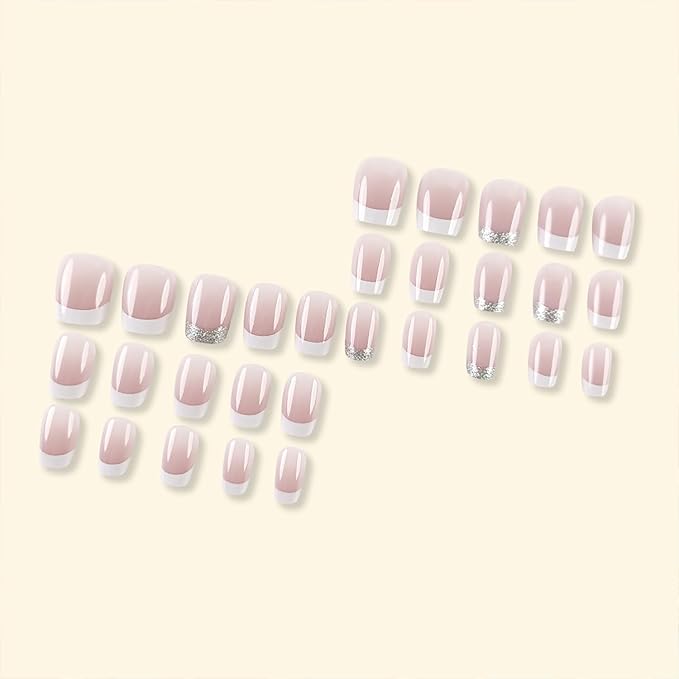 French Tip Glitter Short Square Fake Nails - Pink & White Glossy Design, Sparkly False Nails Glue On with Full Cover Acrylic Stick On Nails - 24 Pcs