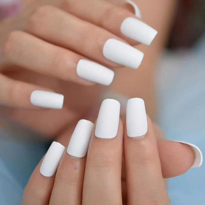 Fake Nails Medium Size Square Squoval Shape Predesigned Press on Nail (Matte White)