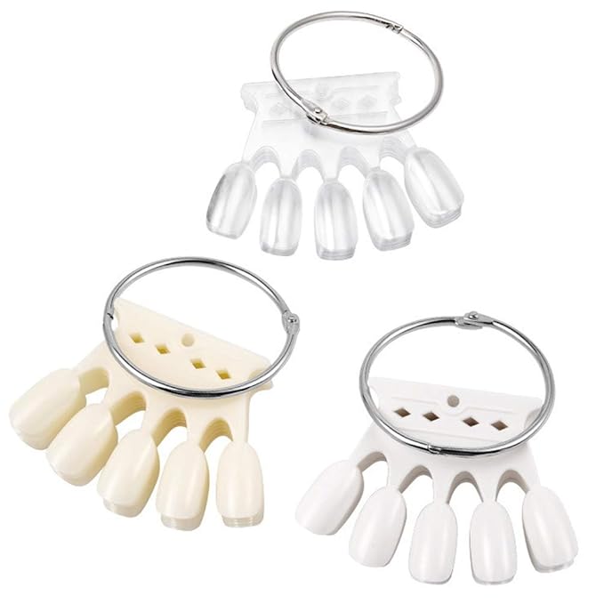 3 Sets Plastic Nail Swatches Crown Shape Fake Tips Nail Polish Display Board Practice Tool with Metal Ring Holder(Clear, White, Beige)