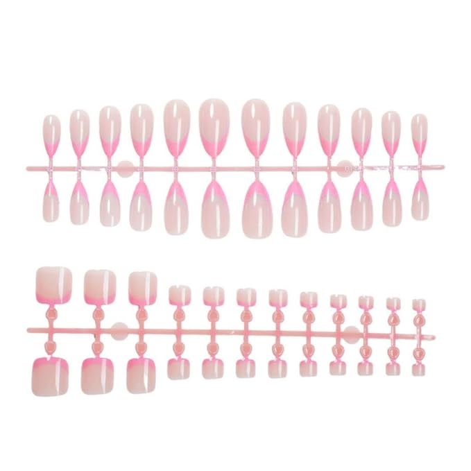 Pink French Tips Press on Toenails Light Pink Press on Nails Medium Almond Fake Nails with Designs Full Cover Pink Stick on Toenails Glossy Summer False Toenails for Women Girls DIY Manicure 48Pcs