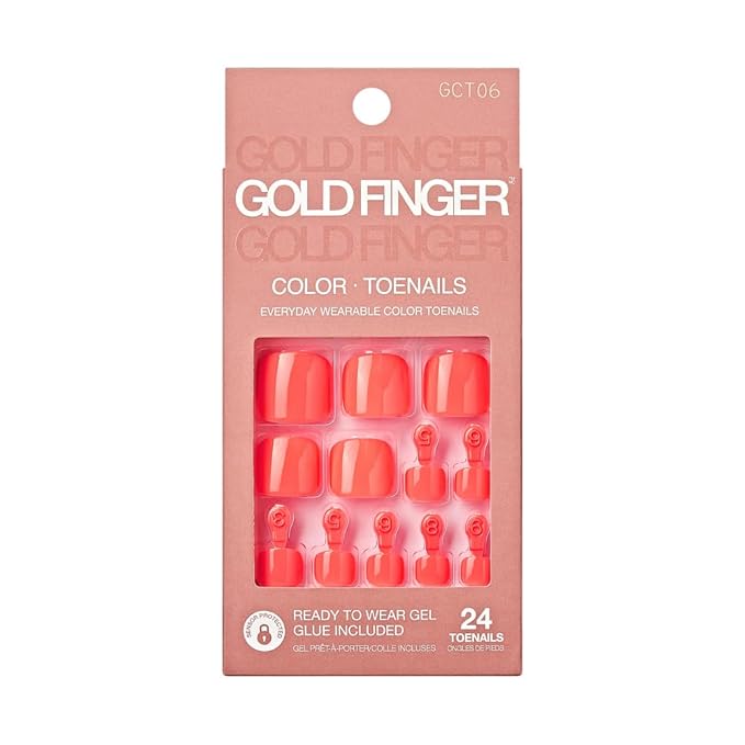 GoldFinger Press On Toenails Kit, High Pigment Orange Red Light Color Fake Toenail, Ready to Wear Gel & Manicure Stick, Mini Glue included, Long-Lasting Convenient & Easy to Apply