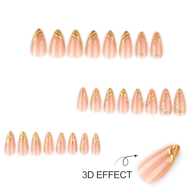 Almond Press on Nails Gold Drip Chrome Fake Nails Medium False Nails Press ons with Golden Line Design Reusable Artificial Nail Full Cover Glossy Glue on Nail Stick on Nails for Women Manicure 24 Pcs