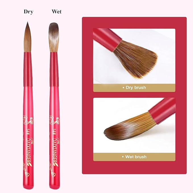 2Pcs New Year Acrylic Nail Art Brush Set -Size 10/14, Red Handle Nail Brushes for Acrylic Application Powder & Nail Extension, 3D Nail Carving Tools for DIY Home Salon Manicure