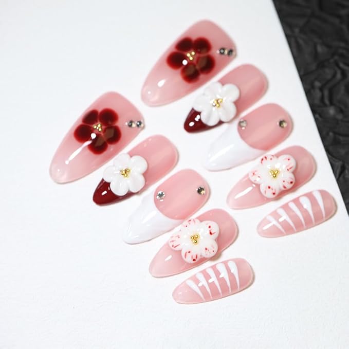 10 Medium Almond 3D Floral Handmade Press On Nails, Vintage Red with seashells and Shiny Rhinestones, Pearls & Cat Eye, Removable and Reusable, All Seasons (pink 18A, S)