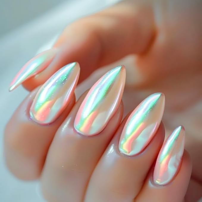 Almond Press on Nails White Chrome Fake Nails Glossy Pearl Powder Acrylic Nails Metal Mirror False Nails Press ons Medium Full Cover Holographic Glue on Nail for Women Girls Manicure 24Pcs