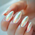 Almond Press on Nails White Chrome Fake Nails Glossy Pearl Powder Acrylic Nails Metal Mirror False Nails Press ons Medium Full Cover Holographic Glue on Nail for Women Girls Manicure 24Pcs