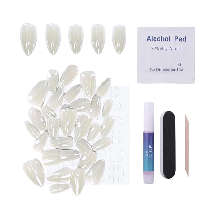 Maniology Press-On Nails Icebeam | Short Almond Shape Nail Tips – White Chrome Magnetic Base Finish Manicure Designs, Reusable, Durable & Easy Application, 30-Piece 15 Sizes False Nails Kit