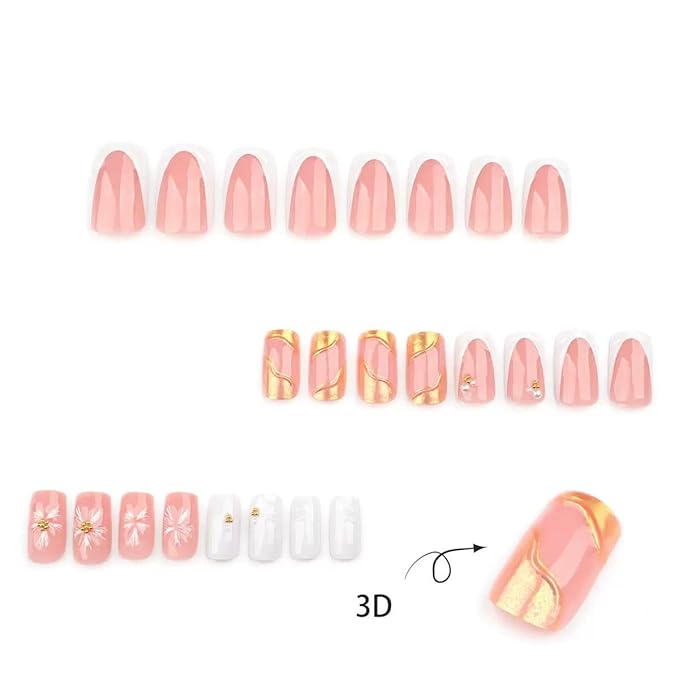 Square Press on Nails Medium - White French Tip Fake Nails with 3D Flower Wave Design- Elegant Full Cover Stick on False Nails for Women - 24 Pcs