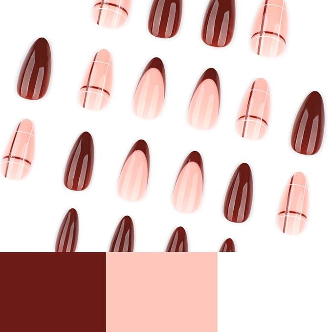 Plaid Press on Nails Medium Almond Fake Nails Dark Red Nails Press ons with Design,Reusable Artificial Nail Full Cover Stick on Nails for Women Fall Winter Manicure 24Pcs