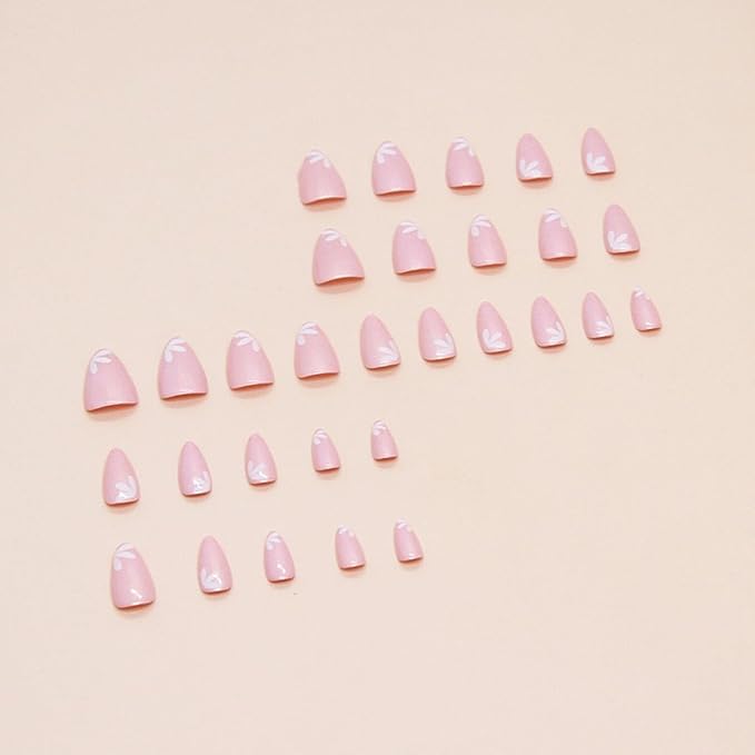 Short Press Almond Pink False Nails with Cute Flower Design - Glitter Acrylic Glossy Full Cover Glue on Shiny Artificial Nails for Women's Manicure - 30Pcs