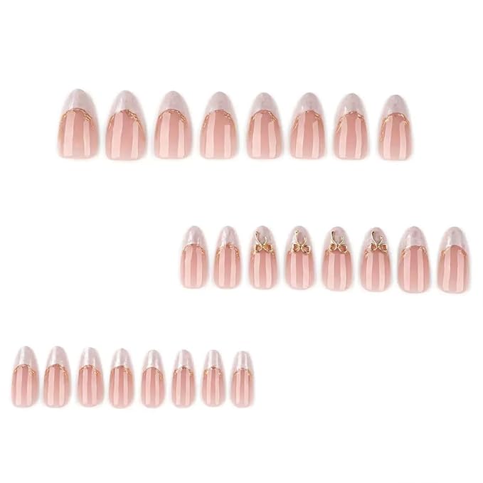 Bow Press on Nails - Almond Fake Nails - French Tip False Nails Press ons - Medium 3D Gold Acrylic Glossy - Cute Glue on Nails - for Women Artificial Stick on Nail 24 Pcs