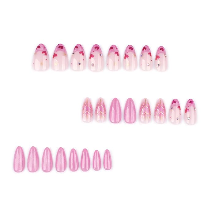 Short Almond Press on Nails Cat eyeFake Nails French False Nails Pink Artificial Nails with Rhinestone and Gold Heart Designs Glitter Handmade Nails Cute Stick on Nails for Women 24pcs