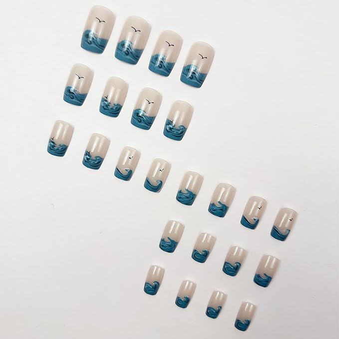 Summer Press on Nails Medium Square Fake Nails Beach False Nails French Tip Nails Press ons with Wave Designs Acrylic Nail Full Cover Glue on Nails Artificial Stick on Nails for Women Manicure 24Pcs