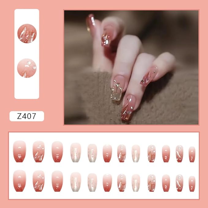 Press On Nails, Medium Length Red Translucent False Nails with Gold Rhinestones, Flame Diamond Texture False Nails for Women and Girls Fake Nails(with free toolkit)
