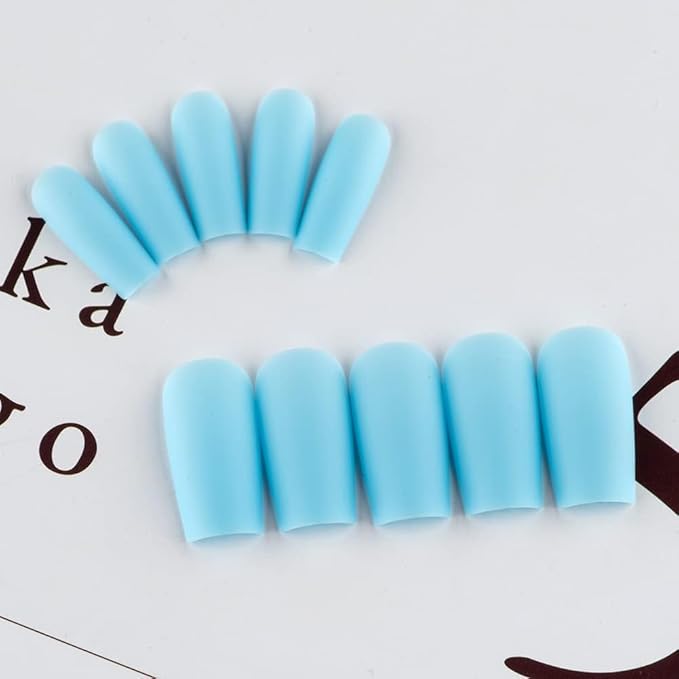 KQueenest Matte Light Blue Press on Nails Long Medium Square, Baby Blue Fake Nails Medium Coffin, Sheer Color Acrylic Nails Press ons, Reusable Soft Gel Glue on Nails for Women Fall Winter
