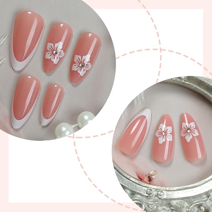 Press on Nails Almond Painted Flowers French Fake Nails French Fake Reusable Nail Kit with Nail Glue Adhesive Tabs Mini File for Women Manicure Nail Art Decoration 24PCS