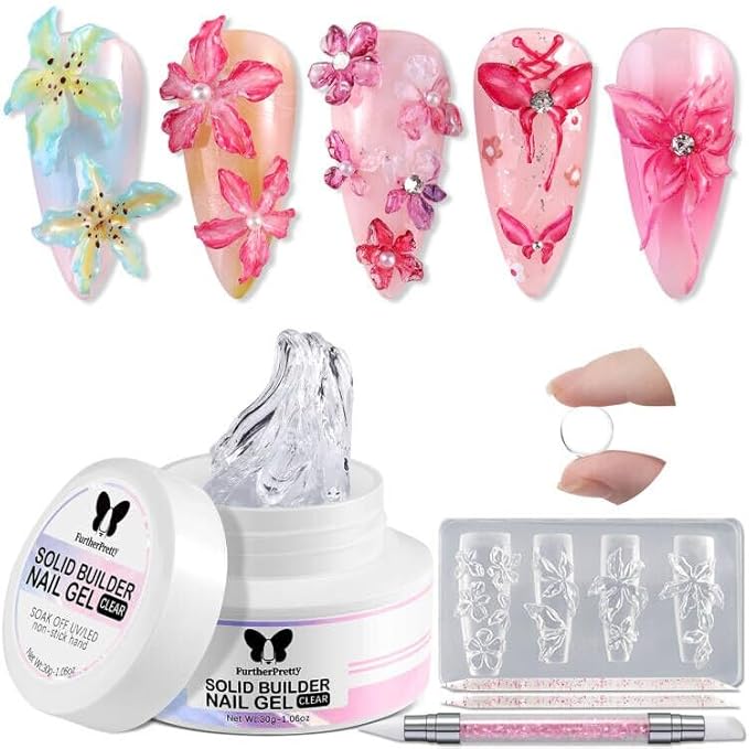3D Sculpting Gel for Nail Art, 30g Clear Solid Builder Gel Non-Stick Hand Extension, Molding for Nails with Flower Nail Mold & Carving Pen, Professional Manicure Salon Supplies