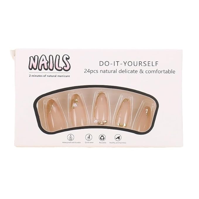 Press on Nails Almond - French Tip Fake Nails with Gold Line Design - Medium Fasle Nails Press ons - for Women 24 Pcs