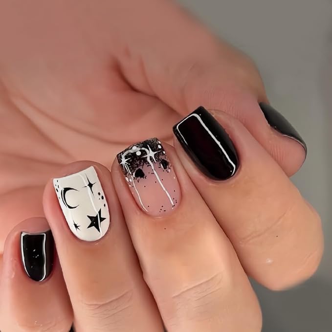 Black Press on Nails Short - Square Fake Nails with Moon Star Design - Glossy Full Cover Stick on False Nails - for Women 24 Pcs