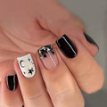 Black Press on Nails Short - Square Fake Nails with Moon Star Design - Glossy Full Cover Stick on False Nails - for Women 24 Pcs