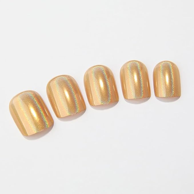 24Pcs Gold Holographic Acrylic Press on Nails Short Square - Reusable Fake Nails with Nail Glue Kit, Long Lasting Chameleon Static Nails for Women Daily Wear & Parties (Glossy Laser Design)