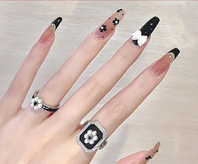 designer artifical nails extension light pink & black combo with silver pearls 3D bow fake nails design 24 pieces set with glue sheet convinent than manicure
