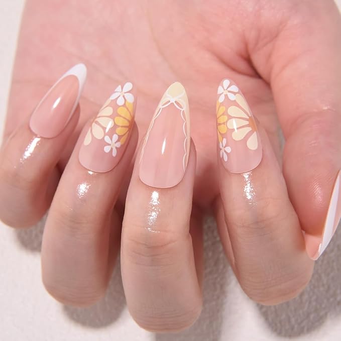 evpct Flower French Tips Press on Nails Short Almond for Women Gift, Nude + Yellow Tips, Glossy Soft Gel Press Stick on Nail with Nail Kit, Supremely Fit Full Cover, Reusable Acrylic Fake Nails Kit